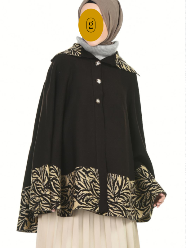 Amara Jacquard Trim Button-Front Cape Poncho – Coffee Brown