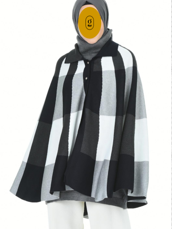 Nyla Colorblock Check Knit Cape Poncho – Black, White & Grey